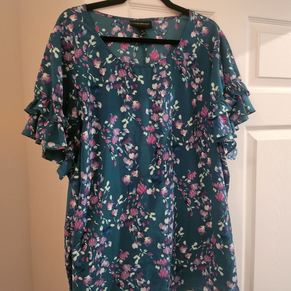 Lane Bryant Teal Floral Short Sleeve Blouse